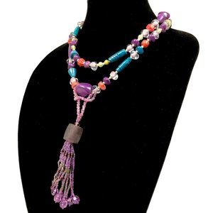 Vtg Boho Multicolor Beaded Double Strand Necklace